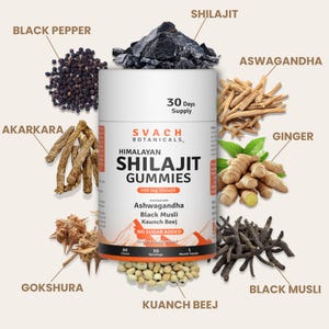 May include: A white cylindrical container of Himalayan Shilajit Gummies with the text "SVAC Botanicals" and "400 mg Shilajit." The image includes black pepper, ashwagandha, ginger, and other herbs. The label indicates a 30-day supply.
