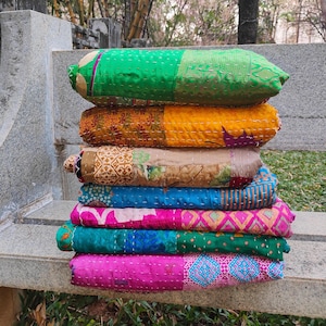 Boho Silk Patchwork Kantha Quilt Blanket – Handmade Vintage Reversible Indian Bedspread, Hand Stitched