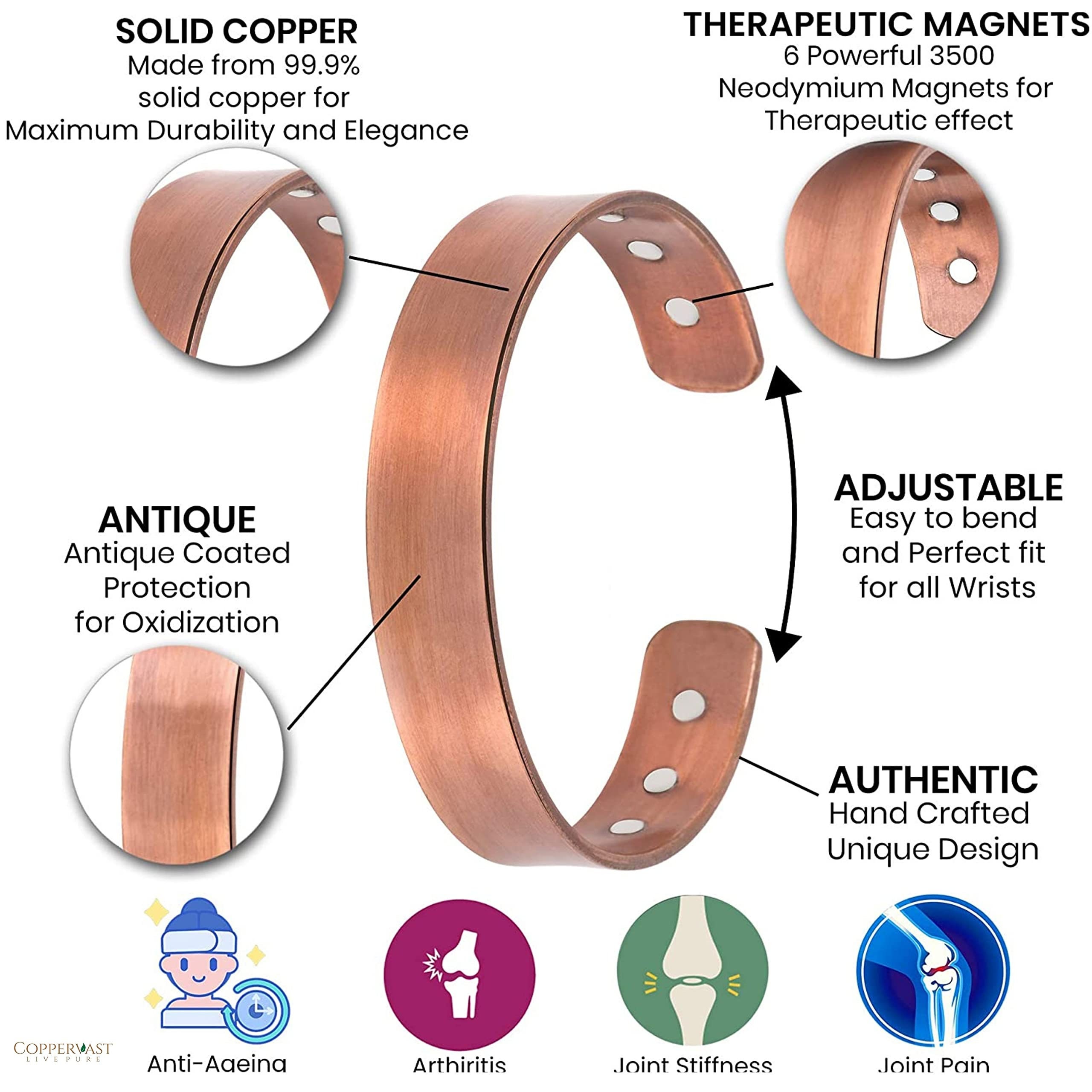 Copper Bracelet for Men Arthritis Adjustable to Fit Therapy Effective