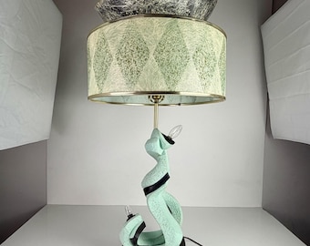 Vtg MCM Plaster Atomic Biomorphic Chalkware Lamp 2-tier Spun Fiberglass Shade