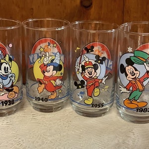 Set of 6 Collectible Mickey Mouse Through the Years Walt Disney 10oz Drinking Glasses 60 Year Anniversary 1928 -1988 Commemorative Vintage