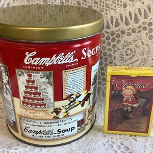 Boîte métallique publicitaire pour soupe Campbells 1995 et jeu de cartes à collectionner L'Optimiste