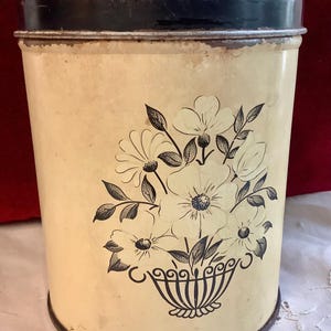 Decoware Cream and Black Flowers in Basket Vintage Decor Tin Canister Can
