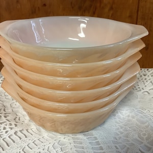 Set of 6 Anchor Hocking Fire King Ovenware Peach Lustre Swirl Small Casserole Dishes Iridescent Glass White Bottom serving