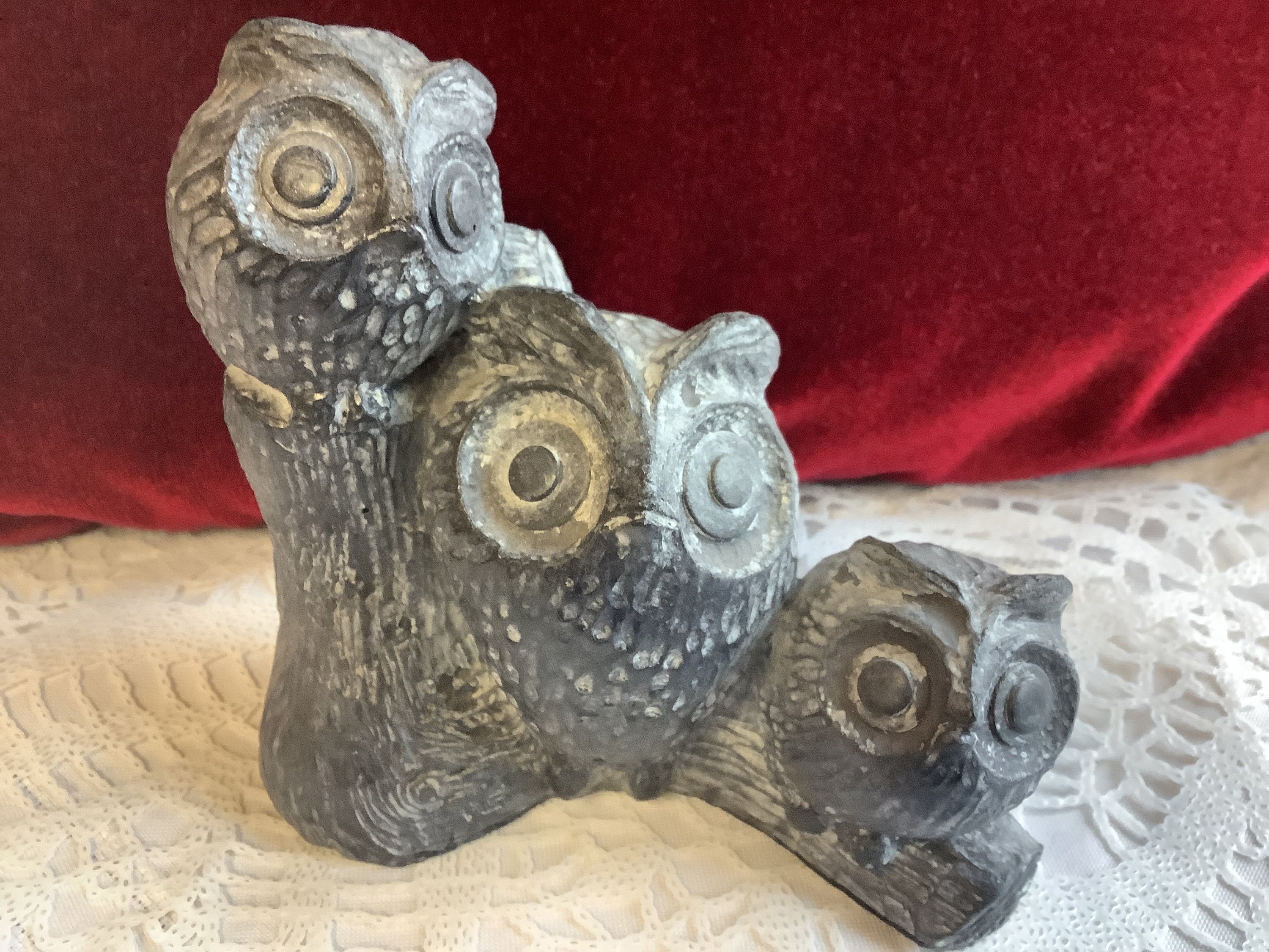 Hand Carved Soapstone Owl Family on Branch Nuvuk Islands Canada Bird Sculpture Figurine