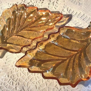Set of 2 Jeannette Marigold Orange Carnival Glass Iridescent Glass Leaf Trinket Dishes Appetizer