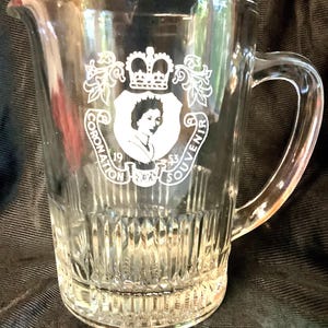 Queen Elizabeth 1953 Coronation Souvenir Clear Glass with Portrait Rare Jug Pitcher Water Serving Royal Collectible Made in England