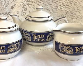 Tetley Tea Pot Creamer and Lidded Sugar Bowl 1980s Collectible Promotional Set