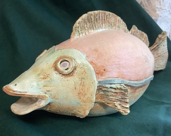 Unique Pottery Fish Hand Made and Painted Krista Large Heavy