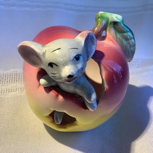 Cute little Vintage Mouse in Apple Toothpick Holder made in Japan by Giftcraft Rustic Country