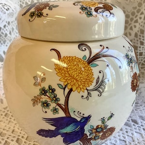 Sadler England Lidded China Japanese Inspired Decorative Ginger Storage Jar with Hand Painted Flowers and Bluebirds