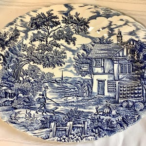 Könnte beinhalten: Ein blau-weißes Zierteller mit gewelltem Rand. Der Teller zeigt eine detaillierte pastorale Szene mit einem Haus, Bäumen, Figuren und einem Hund. Das Design erinnert an klassische Blue-Willow-Muster.