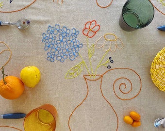 Handmade Embroidered Natural Linen Tablecloth for 4