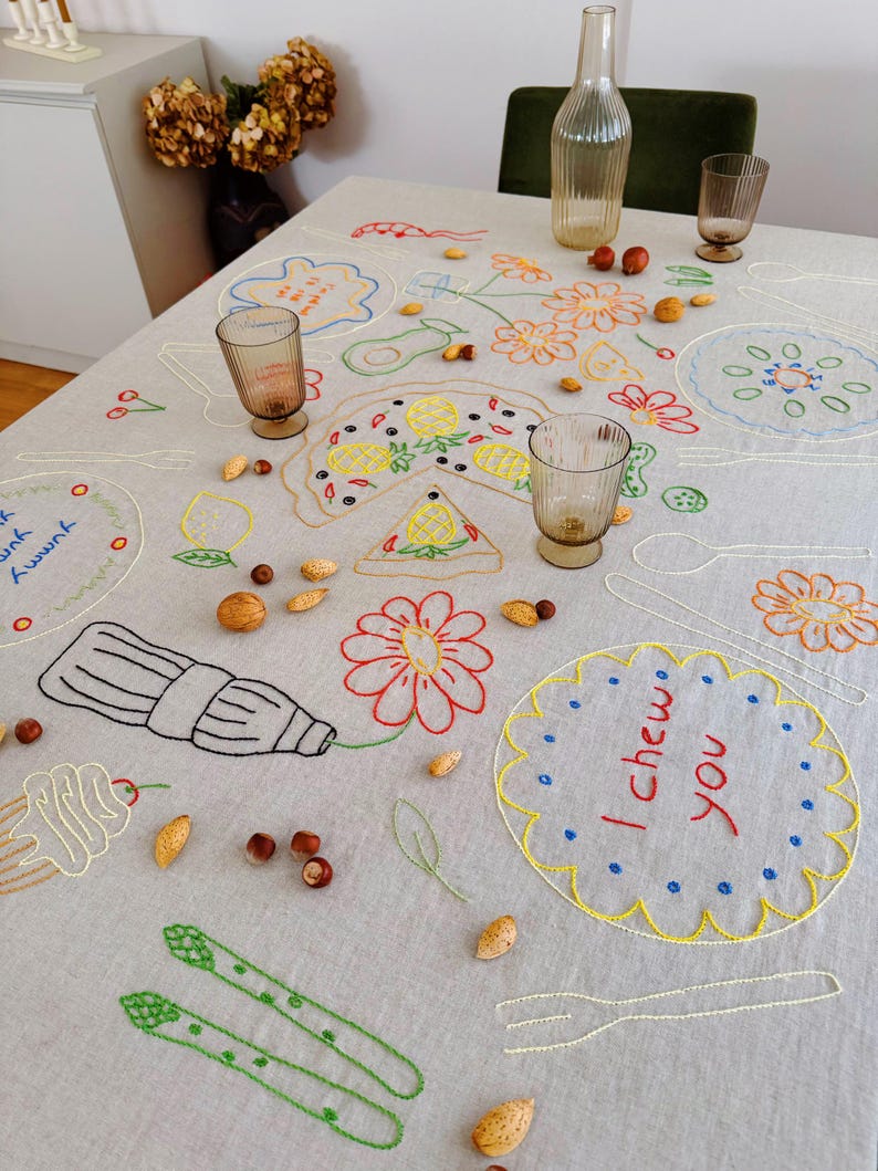 Made to Order Handembroidered Natural Linen Tablecloth for 4 Etsy