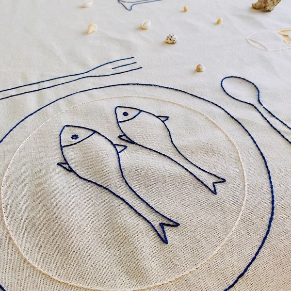 Handmade Organic Cotton Seafood Embroidered Table Cloth