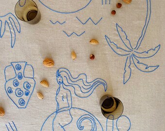 Handmade Embroidered Natural Linen Tablecloth for 4