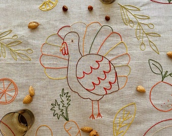 Handmade Embroidered Natural Linen Tablecloth for 6