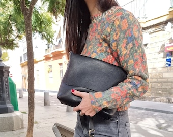 Bolso bandolera de cuero negro, Bolso de cuero de plena flor, Bolso de cuero suave para mujer, Bolso de cuero para mujer, Bolso personalizado para regalo.