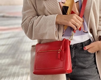 Small leather crossbody bag for women, Crossbody bag zippered, Ladies leather bag, Red leather crossbody bag available in different colors,