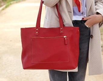 Custom leather tote bag for work, Large leather bag for everyday use, Soft leather tote with zipper and pockets, Red leather bag.