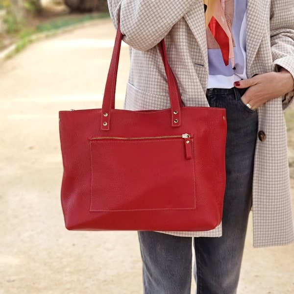 Benutzerdefinierte Leder-Einkaufstasche für die Arbeit, Große Ledertasche für den täglichen Gebrauch, Weiche Ledertasche mit Reißverschluss und Taschen, Rote Ledertasche.