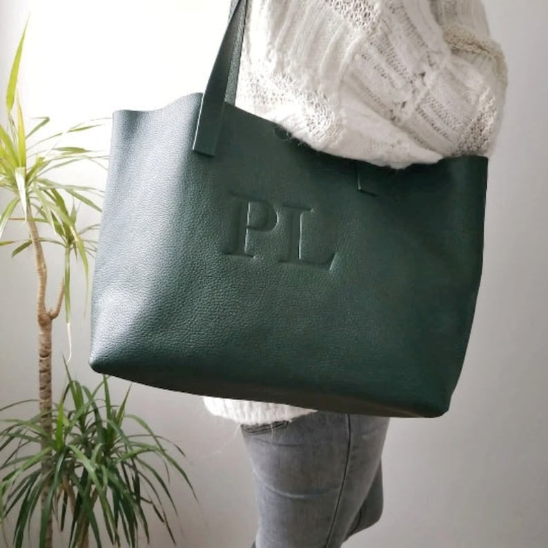 dark green leather bag personalized with initial PL