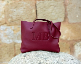 Monogram leather bag with initial, Personalized leather tote for women, Leather tote bag for gift, Daily leather bag.