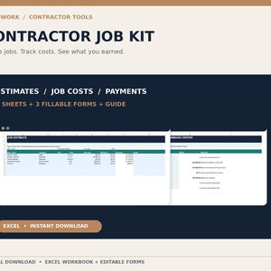 May include: A digital contractor job kit featuring an Excel workbook with seven sheets, three fillable forms, and a guide. The interface displays job estimates, costs, and payments with text including Contractor Job Kit, Estimates, Job Costs, Payments.