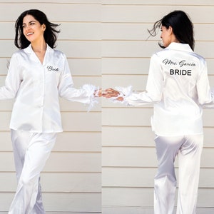 Bridal White Silky Pajama with Feathers: Bride To Be, Bridesmaid PJs