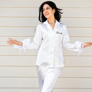 Custom Satin Pajamas with Feathers: Bridal, Bridesmaid Personalized PJs
