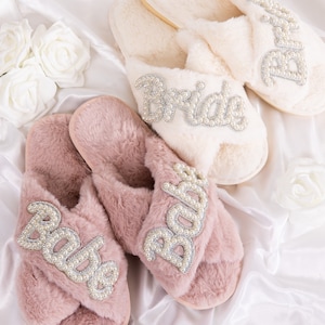 Babe Fluffy Slippers, Fluffy Bride slippers, Fluffy cross slippers, Mrs Fluffy Slippers with pearls, Wedding Bridal slippers, Babe gift -New