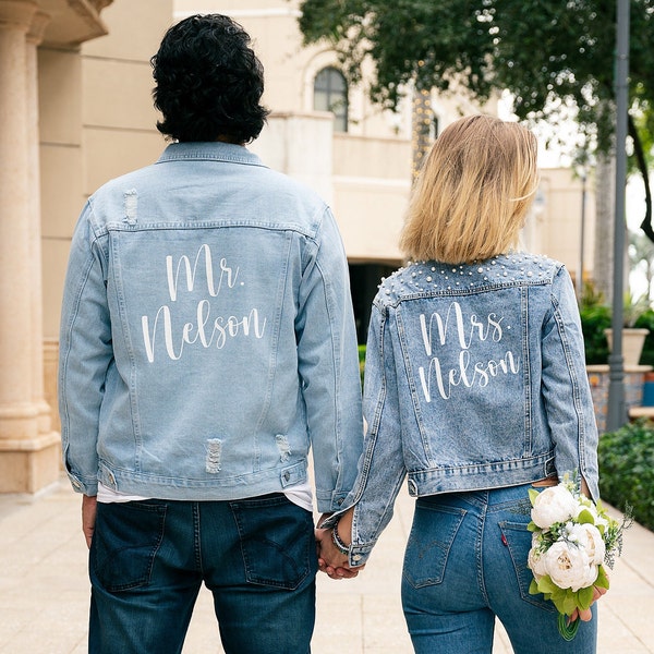 Mr and Mrs Denim Jackets, Dates under the collar, Pearls Denim jacket for Bride, Wedding Jean jackets for Groom and Bride-hello honey pearls