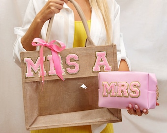 Mrs Custom transparent tote bag+cosmetic bag, Bride beach bag, bride honeymoon bag, bridesmaids gifts, Bridesmaid bags, bride gift - patch