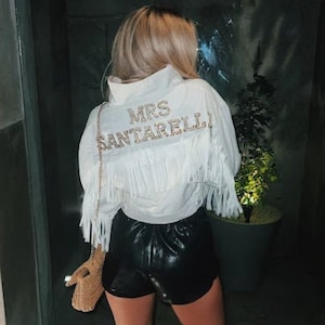 Custom &#39;Wifey&#39; Denim Bridal Jacket with Pearls & Fringes
