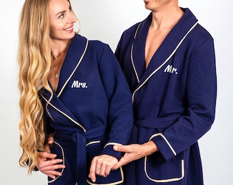 Matching Bathrobes with collar, English style bathrobes, Customized bathrobes for couple, King and Queen bathrobes, Mr and Mrs bathrobes