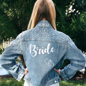 Wedding Bridal Denim Jacket, Bride Denim jacket with pearls, Mrs Custom Jean Jacket, Date under the collar jacket, Personalized jacket-autum image 8