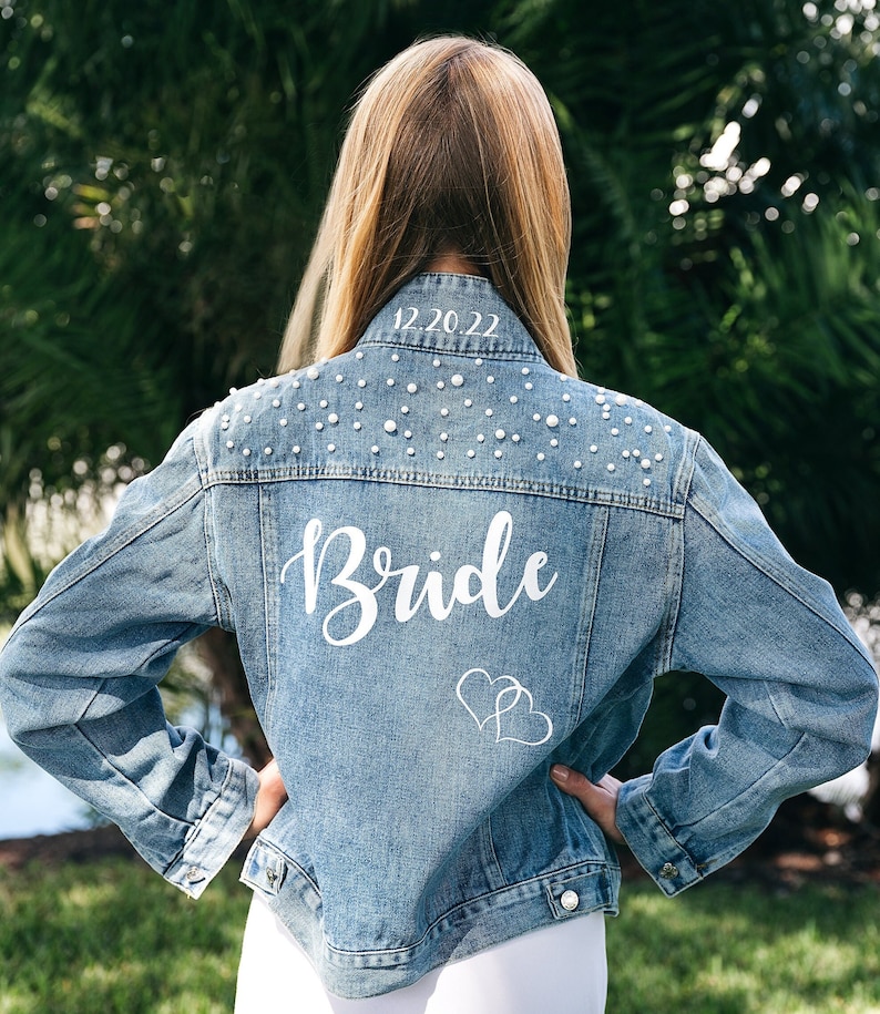 Wedding Bridal Denim Jacket, Bride Denim jacket with pearls, Mrs Custom Jean Jacket, Date under the collar jacket, Personalized jacket-autum image 8