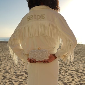 Wedding Customized Denim jacket, Pearls Jacket with fringes, White Custom Bridal Jacket with Fringes, Mrs. Denim Custom Jacket-fringes pearl