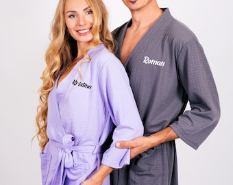 Custom Waffled Soft Robes for Couple, Matching Bathrobes, Honeymoon gift, Personalized waffled robes, Gift for him and her, Wedding gift-scr