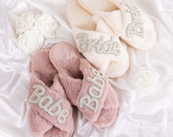 Babe Fluffy Slippers, Fluffy Bride slippers, Fluffy cross slippers, Mrs Fluffy Slippers with pearls, Wedding Bridal slippers, Babe gift -New