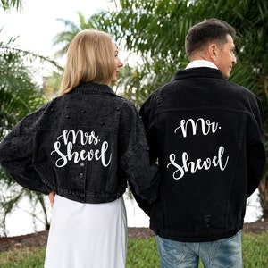 Mr and Mrs Custom Jackets, Wedding Jackets, Bridal and Groom jacket, Customized denim jackets, jackets with date under the collar - buttons