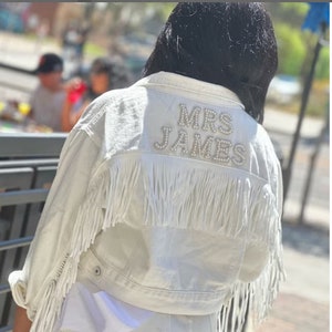 White Custom Bridal Jacket with Fringes, Wedding Customized Denim jacket, Pearls Jacket with fringes, Mrs. Denim Custom Jacket-fringes pearl image 6