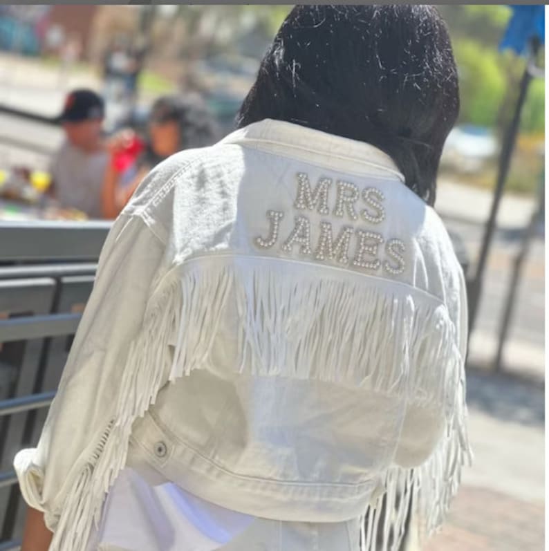 White Custom Bridal Jacket with Fringes, Wedding Customized Denim jacket, Pearls Jacket with fringes, Mrs. Denim Custom Jacket-fringes pearl image 6