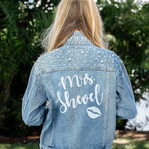 Wedding Bridal Denim Jacket, Bride Denim jacket with pearls, Mrs Custom Jean Jacket, Date under the collar jacket, Personalized jacket-autum image 9