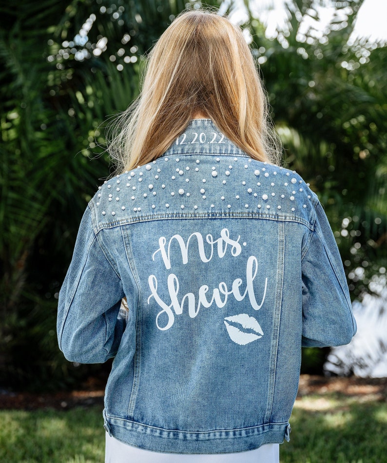 Wedding Bridal Denim Jacket, Bride Denim jacket with pearls, Mrs Custom Jean Jacket, Date under the collar jacket, Personalized jacket-autum image 9