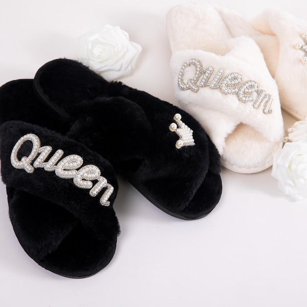 Queen slippers with Crown, Queen fluffy slippers with pearls, Gift for her, Birthday Gift, Cool slippers, Bachelorette slippers-New