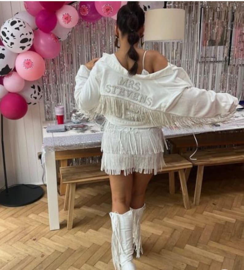 White Custom Bridal Jacket with Fringes, Wedding Customized Denim jacket, Pearls Jacket with fringes, Mrs. Denim Custom Jacket-fringes pearl image 2