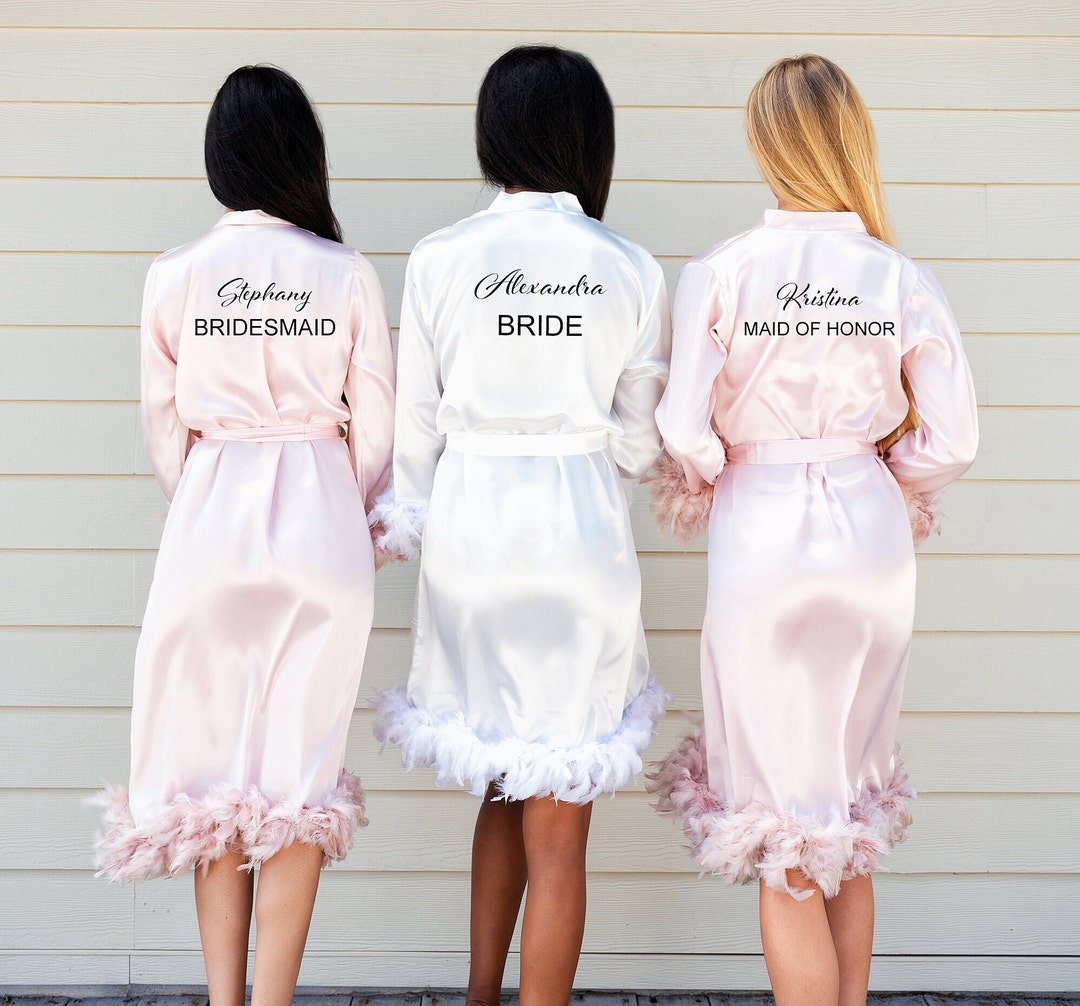 Customized Bridesmaid Robes With Feathers, Silky Feathers Robes