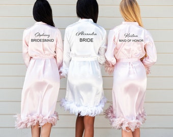 Customized Bridesmaid robes with Feathers, Silky Feathers robes, Bachelorette robes, Feathers robes for bridesmaid, Getting ready robe-feath