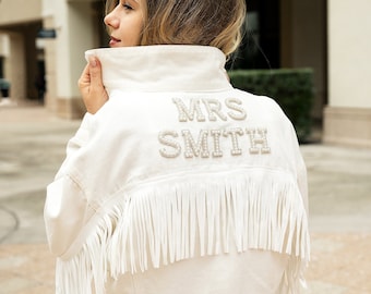 White Custom Bridal Jacket with Fringes, Wedding Customized Denim jacket, Pearls Jacket with fringes, Mrs. Denim Custom Jacket-fringes pearl